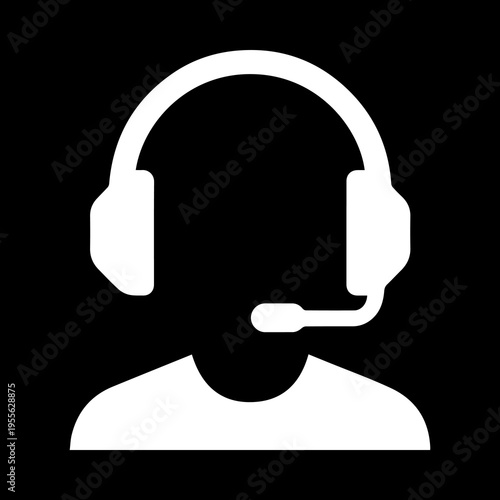 Simple head and shoulders icon with microphone headset, black on white