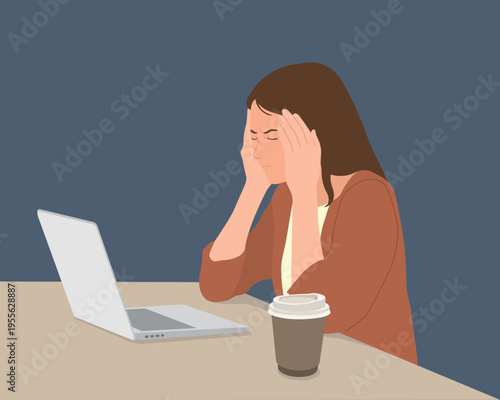 Stressed businesswoman sitting at desk with laptop feeling headache and burnout