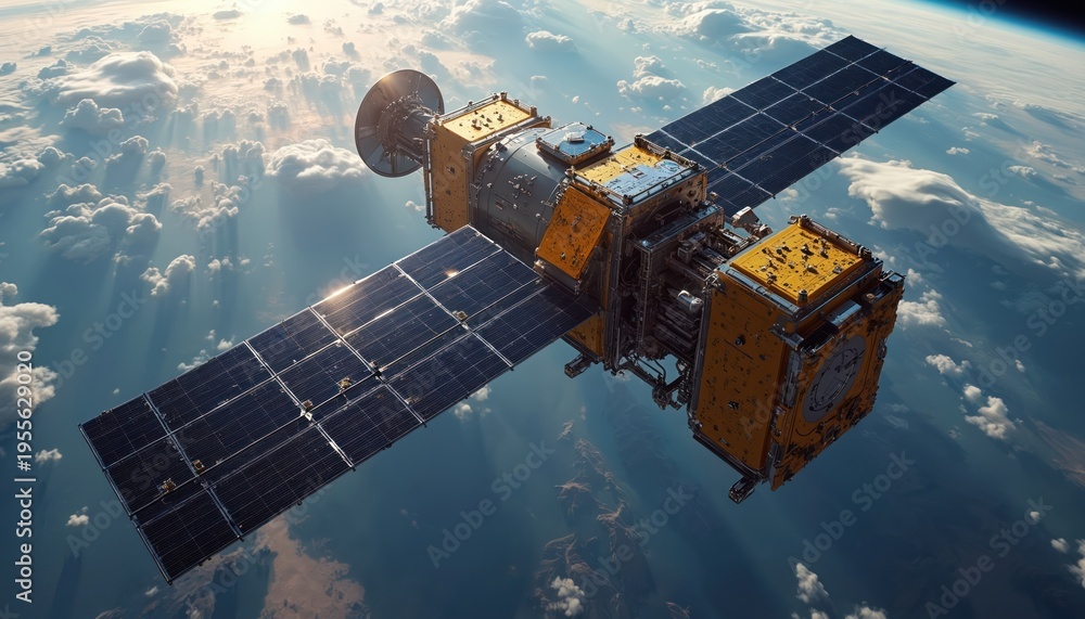 Fototapeta premium Satellite in orbit above Earth. Spacecraft with solar panels navigates atmosphere. Technology monitors planet surface. Global communication system. Science mission. Outer space vehicle. Earth