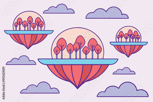 Whimsical of floating islands with trees and clouds colorful