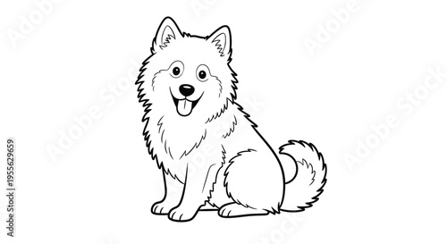 Adorable cartoon coloring page outline drawing featuring a fluffy happy dog breed sitting patiently with its tongue hanging out awaiting artistic color