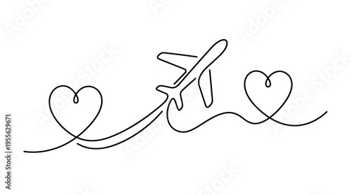 Two Hearts Connected by Plane Trail Continuous Single Line Minimalist Distance Love Line Art Illustration