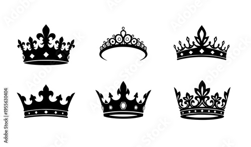 Minimal black crown silhouette icons vector set luxury design