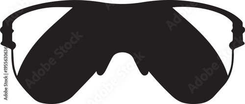 A minimalist black silhouette vector graphic representing a pair of modern sporty wrap sunglasses