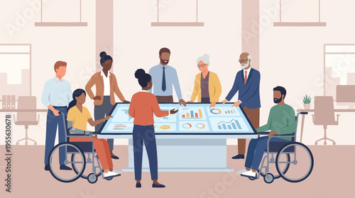 Diverse team collaborating on interactive data analysis, promoting inclusivity and strategic decision-making in a modern office