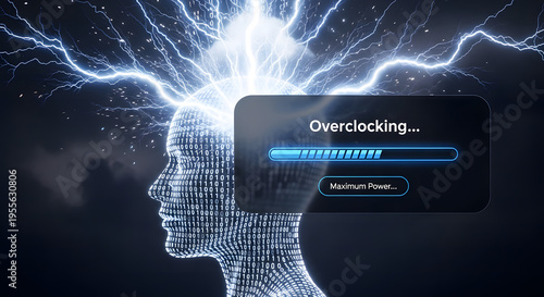 Digital human head with glowing brain and lightning, displaying 'Overclocking...' progress bar for maximum power
