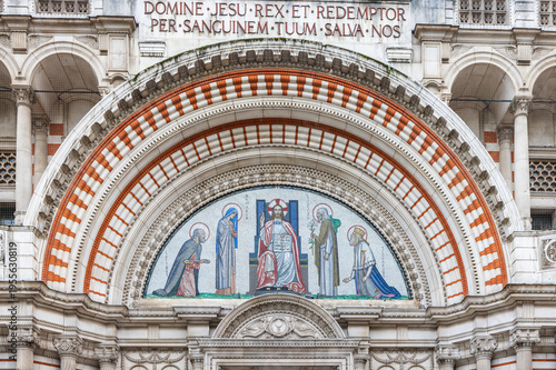 Detailed view of the ornate mosaic and facade above the entrance of Westminster Cathedral, London, England