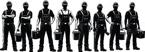 Construction worker silhouettes set, builder team, industrial labor, tools equipment, safety helmet, engineering workforce, manual work, maintenance, professional technicians, industry concept