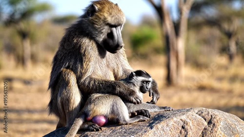 A baboon sitting on a rock with its baby in a savannah environment.