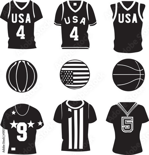 A collection of black and white basketball themed icons featuring jerseys and sports balls design