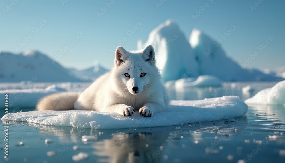 Obraz premium White arctic fox lies on ice floe. Animal looks forward against background of iceberg and clear sky. Fox fur is white, eyes are yellow. Calm water surface reflects light.