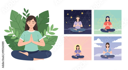 Collection of illustrations depicting a woman practicing various forms of mindful meditation and yoga poses in different serene natural and spiritual settings