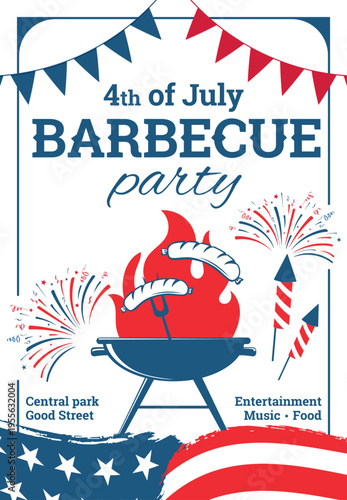 4th of July barbecue party poster or flyer template. Summer barbecue picnic invitation. BBQ vector illustration with sausages, food, national decorative elements for celebration.