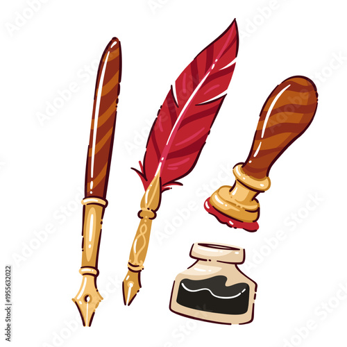 Writing tools set with fountain pen, quill feather, wax seal stamp and ink bottle. Literary desk decor and manuscript theme with writing tools, cartoon vector illustration