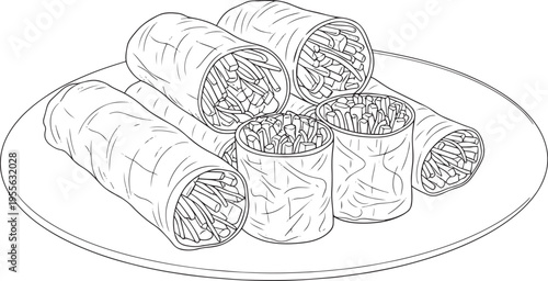 A plate holds several rolled-up tacos. The tacos are wrapped in a dark, textured tortilla.