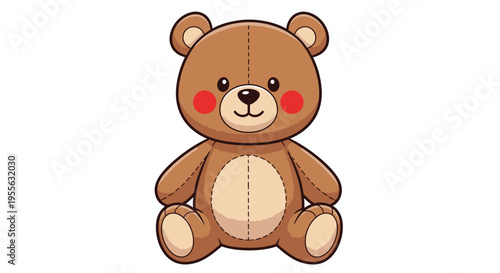 Cute adorable cartoon brown teddy bear illustration with cheerful stitched details and rosy cheeks isolated on a white background for children