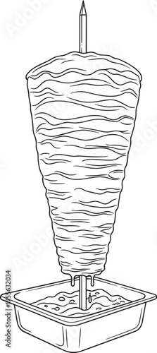 A vertical kebab skewer is displayed with meat wrapped around it. The kebab is resting in a plastic tray filled with a sauce.