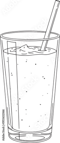 A glass of iced beverage is filled with a light-colored liquid and ice cubes. A straw is inserted into the glass.