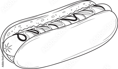A black and white line drawing depicts a hot dog in a bun with mustard. The hot dog is elongated and has visible details of the sausage and bun.