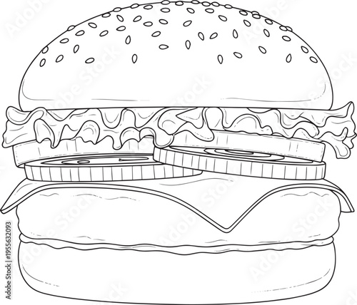 A detailed line drawing depicts a classic hamburger. The hamburger consists of a sesame seed bun, layered with lettuce, tomato slices, and a patty.