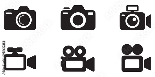 Collection of Minimalist Black Camera and Camcorder Icons for Graphic Design