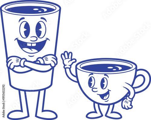 Friendly cartoon coffee and tea cup and glass characters with smiling faces