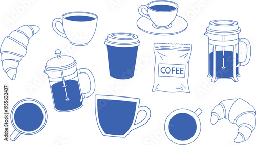 A collection of various coffee cups and coffee related items in blue and white