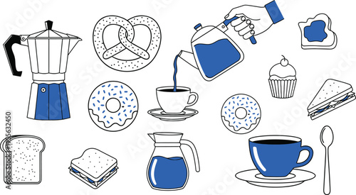 A collection of coffee and breakfast items illustrated in a simple line drawing style with blue accents