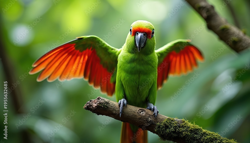 Obraz premium Green parrot with bright red wings sits on mossy tree branch. Exotic tropical bird displays vibrant plumage. Wildlife fauna in rich jungle foliage. Detailed avian portrait.