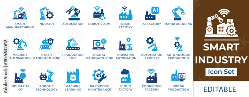 Smart industry icon set featuring industrial automation, robotic arm, smart manufacturing, industrial IOT, AI factory, digital production line, and predictive maintenance symbols.