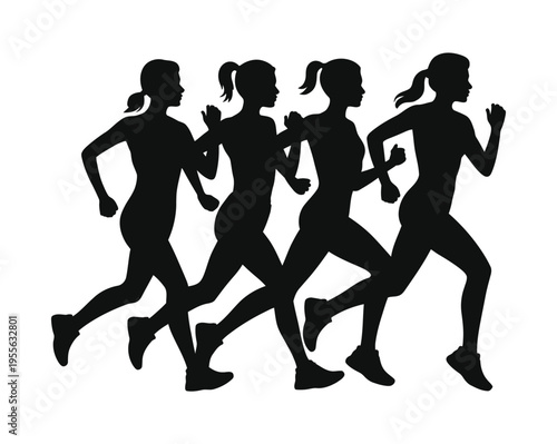 Vector silhouette of four female runners in motion during a group run