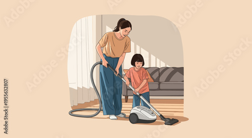 Flat illustration of a mother and her young daughter vacuuming the living room floor together, holding the handle of a canister vacuum cleaner in a clean modern home interior.