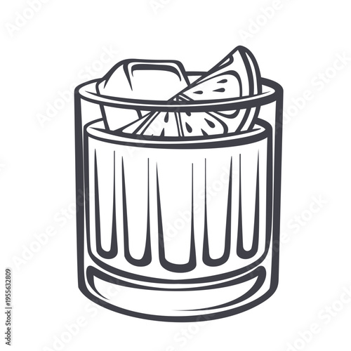 Negroni cocktail in rocks glass with ice cube and orange slice in monochrome outline. Bar menu, evening drink card and cocktail design with negroni, vector illustration