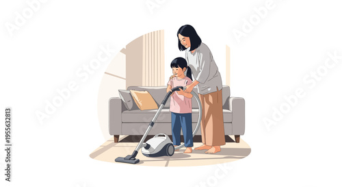 Asian mother and daughter cleaning living room floor with a canister vacuum cleaner, lifestyle illustration featuring a gray sofa and minimalist interior design on a white background.