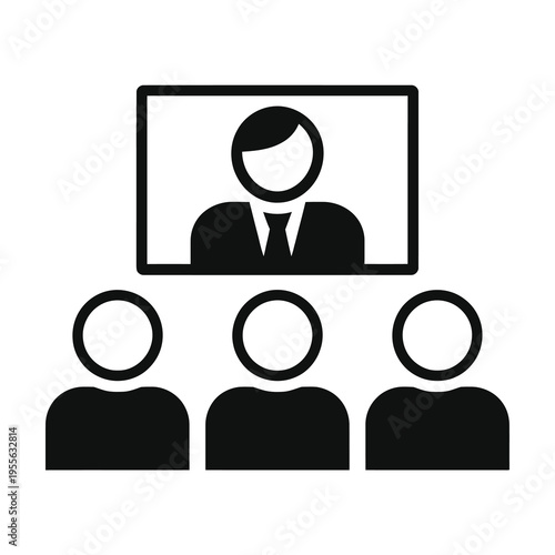 Vector of three people in front of a screen with a businessman displayed on it