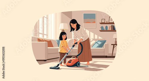 Illustration of a woman and child using a canister vacuum cleaner in a bright, modern living room with a couch, bookshelves, and sunlight streaming through a window.