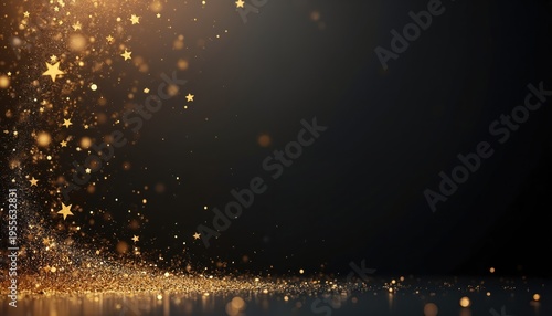 Golden glitter sparkles and stars descend on a dark background. This luxurious abstract effect creates a festive mood. Perfect for celebrations and premium brands.