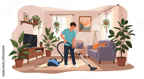A young man cleaning a light beige rug with a blue canister vacuum cleaner in a modern living room filled with indoor plants, a purple sofa, and a wooden television stand.