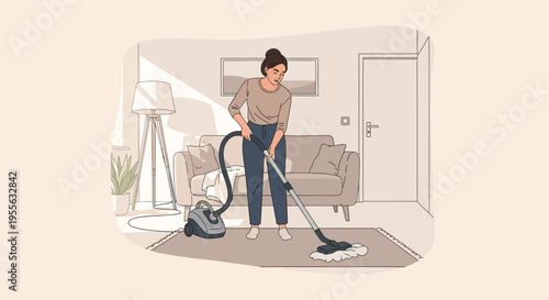 Illustration of a woman cleaning a brown area rug using a canister vacuum cleaner in a living room with a sofa, tripod floor lamp, and houseplant in a minimalist style.