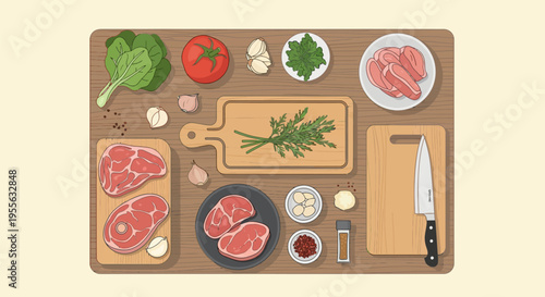 Top view illustration of raw beef steaks, fresh vegetables including tomato, garlic, and spinach, with wooden cutting boards, herbs, spices, and a chef knife on a wood background.
