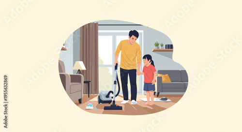 Vector illustration of a father and young daughter cleaning a living room together using a blue canister vacuum cleaner on a carpeted floor near a sofa, armchair, and window.
