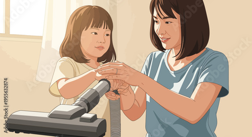 Digital illustration of a woman guiding a young girl's hands on a vacuum cleaner handle. Mother teaching daughter household chores in a sunlit indoor setting with a bright window.