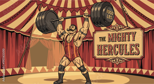 Circus strongman lifting heavy barbell, vintage circus style vector