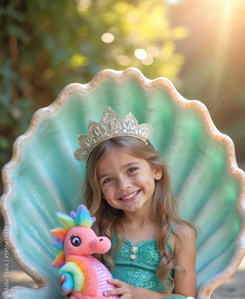 Obraz premium Smiling girl in mermaid costume sits in giant shell with plush seahorse toy. Child wears sparkly crown and green dress. Fantasy, playful, ocean theme, childhood joy, imagination.