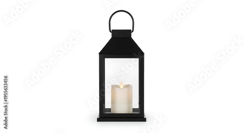 Black metal lantern with candle inside on white background