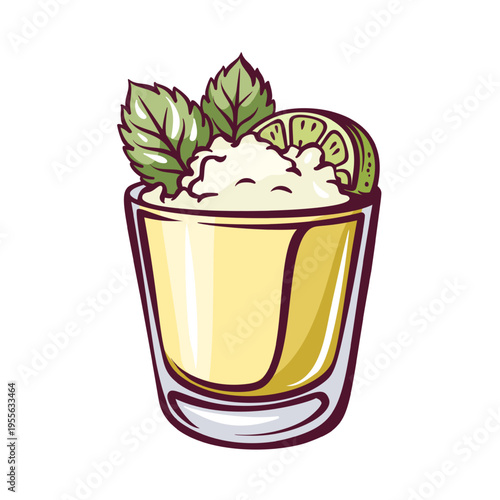 Gin tonic cocktail in rocks glass with ice, lime slice and mint garnish in retro style. Bar menu, summer drink card and cocktail design with gin tonic, vector illustration