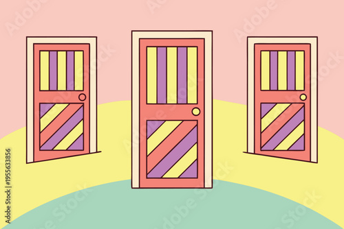 Three colorful doors with diagonal stripes three doors pink