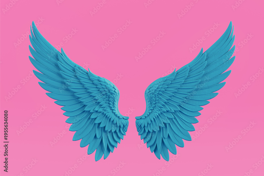 Fototapeta premium Freedom And Spiritual Symbol Concept. Blue Angel Wings In Symmetrical Composition On Pink Background. 3D Rendering