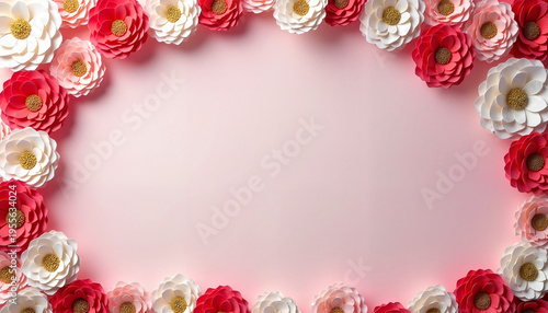 Floral arrangement of pink and white paper flowers on pastel background

