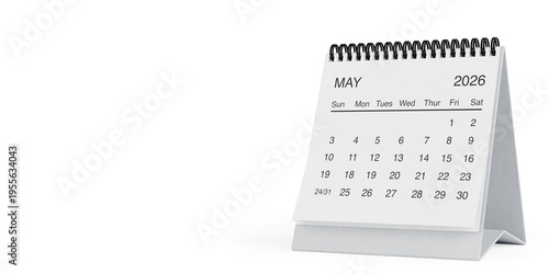 White Desk Monthly May 2026 Business Calendar. 3d Rendering